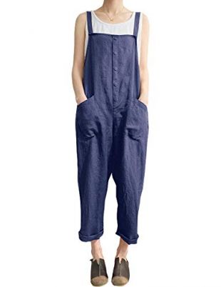 Locachy Women's Baggy Casual Overalls Jumpsuit Sleeveless Sling Wide Leg Rompers Harem Pants Blue L
