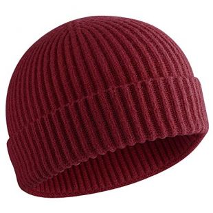 choshion Warm Wool Cuffed Short Knit Fisherman Beanie for Men Women Winter Hats,Wine Red
