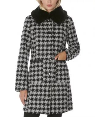 Faux-Fur-Collar Gingham Walker Coat