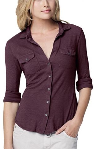 Maroon Sheer Slub Panel Shirt Button-down Top Size