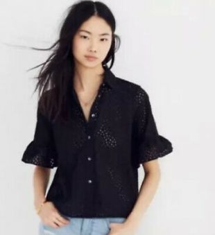 Madewell Eyelet Village Ruffle Short Sleeve Button Down Black Cotton Shirt