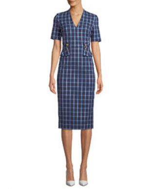 V-Neck Short-Sleeve Windowpane Sheath Dress