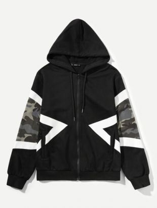 Men Zip Front Hoodie Camo Print Striped Jacket