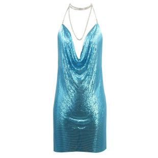 Metal Backless Party Dress Glo-mesh Sleeveless Crystal Chain Halter Nightclub Mini Dress