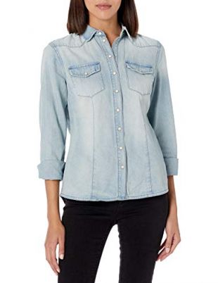 [BLANKNYC] Womens Light Denim Wash Long Sleeve Snap Front Shirt