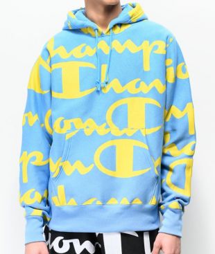 blue champion hoodie with yellow writing