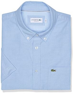 Lacoste Mens Short Sleeve Oxford Button Down Collar Regular Fit Woven Shirt Button Down Shirt, Hemisphere Blue, L