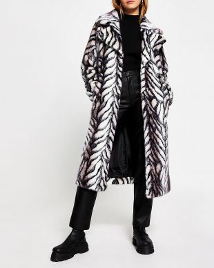 WHITE LONG LINE FAUX FUR ZEBRA PRINT COAT