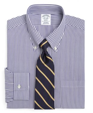 Men's Non-Iron Slim Fit Blue and White Bengal Striped Dress Shirt | Brooks Brothers