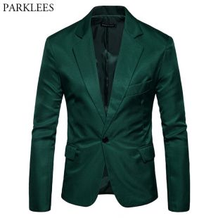 Mens One Button Notched Lapel Green Blazer