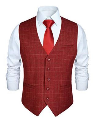 HISDERN Men's Red Suit Vest Business Formal Burgundy Dress Vest for Tuxedo Slim Fit Vintage Dress vest Cotton Plaid Waistcoat for Wedding Business