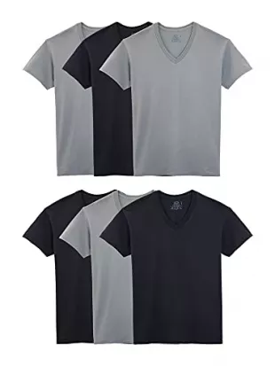 Fruit of the Loom Men's Stay Tucked V-Neck T-Shirt, Classic Fit-Black/Grey-6 Pack, X-Large