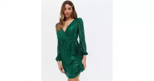 Dark Green Sequin Belted Mini Wrap Dress