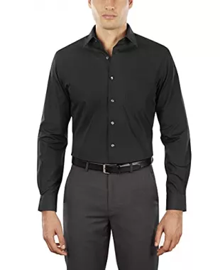 Van Heusen Men's Poplin Fitted Solid Point Collar Dress Shirt, Black, 16.5" Neck 32"-33" Sleeve