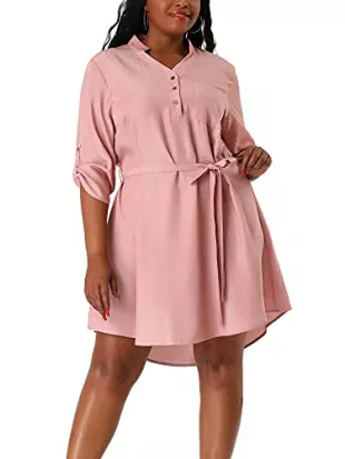 uxcell Women's Plus Size 3/4 Sleeve Belted Above Knee Flared Chambray Denim Shirt Dress Valentine Day 4X Pink