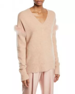 Fox-Fur Trim V-Neck Cashmere-Silk Pullover Sweater