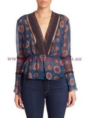  NICHOLAS   5727365   Printed Ladder Trim Top Women's Apparel   Teal Multi   diyitnow.co.uk