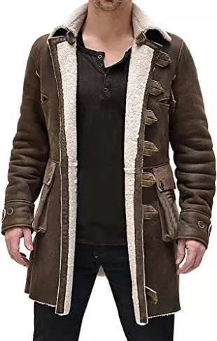 EU Fashions Tom Hardy Bane Coat Dark Knight Rises White Faux Fur Shearling Distressed Brown Leather Jacket