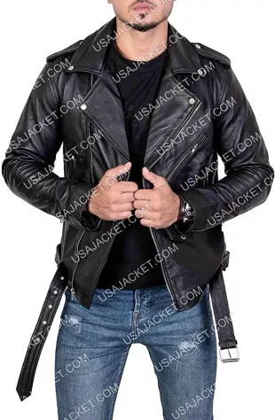 Men's Belted Police Style Classic Collar Biker Zipper Black Motorcycle Leather Jacket
