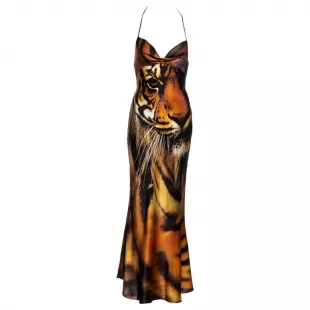 Tiger print silk bias cut halter neck evening dress, fw 2000