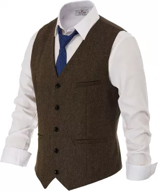 Men's Button Down Business Waistcoat Wool Blend Tweed Vest Size XL Coffee