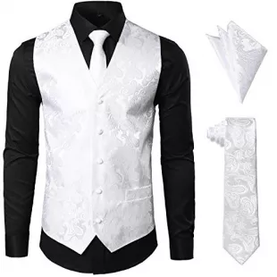 JOGAL Men's 3pc Paisley Vest NeckTie Pocket Square Set For Suit or Tuxedo 3X-Large SV08 White