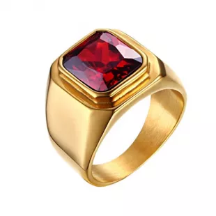 Men's Stainless Steel Simple Gold Plated Ring with Square Red Gem Stone Size 10