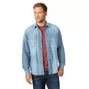 Wrangler Men's Retro Two Pocket Long Sleeve Snap Shirt Discontinued, Denim, Small