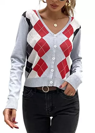 Women Plaid Cardigan Sweater Preppy Style Long Sleeve Button Down Slim Knit Tops