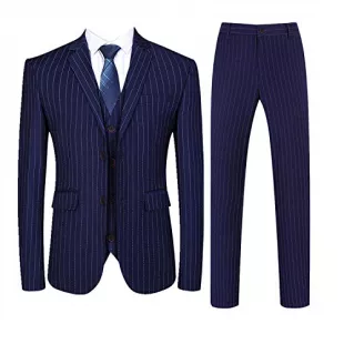 Mens 3 Piece Pinstripe Suit Slim Fit Casual Dress Suits Blazer + Vest + Pants US Size 34 (Asian Size XL) Navy