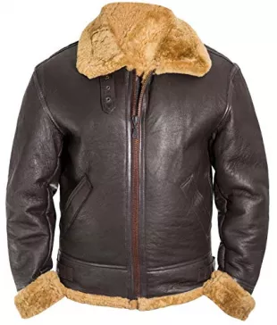 III-Fashions Mens B3 Bomber Fur Shearling Aviator RAF Pilot Brown Sheepskin Leather Jacket Coat