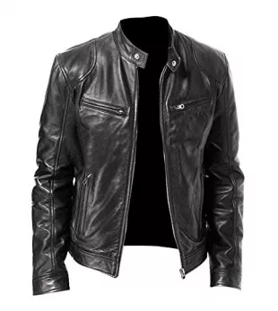 Flygo Men Slim Fit Distressed Leather PU Motorcycle Biker Stand Collar Bomber Jacket (X-Small, Black)