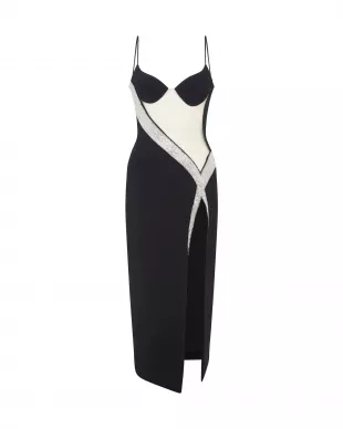 TULLE INSERT AND CRYSTAL MIDI DRESS