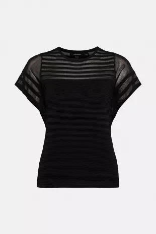 black Petite Sheer Stripe Frill Knitted Top