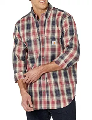 Carhartt Men's Flame-Resistant Force Rugged Flex Original Fit Twill Long-Sleeve Plaid Shirt, Oxblood, 2X-Large