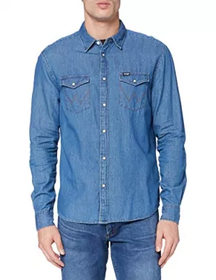 Wrangler Mens Denim Shirt, MID Indigo, XL