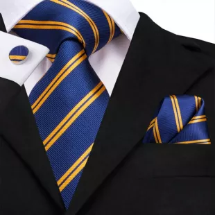 Cravate rayée bleu et jaune/or Hanky et boutons de manchette