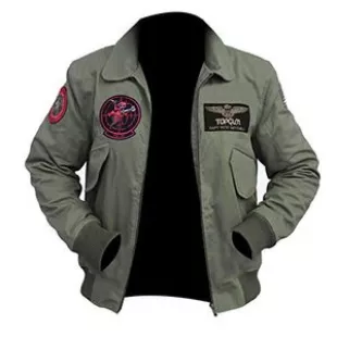 Mens Tom Cruise Top Captain Pete Mitchell Flight Pilot Patches Aviator Bomber Green Cotton Jacket