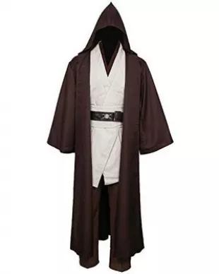 Mens Jedi Costume Medieval Tunic Hooded Cape Cloak Robe Halloween Cosplay Outfit for Adults, M, Brown+white