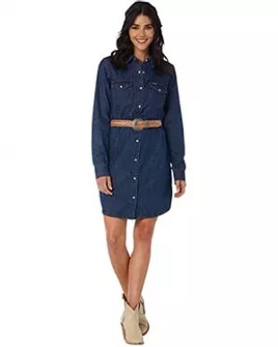 Retro Long Sleeve Western Snap Dress, Dark Denim