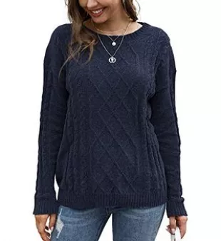 Pullover Sweater Casual Crewneck Long Sleeve Cable Knit Chunky Jumper Tops(Navy Blue, Medium)