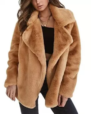 Veste Chaude Femme Hiver à Manches Longues Manteau Chic Blouson Chaud Revers Décontractée en Peluche Cardigan Doux Vestes en Fausse Fourrure Trench Brun M