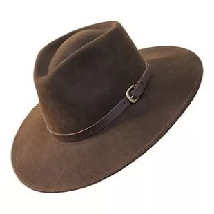 Premium Lewis - Chapeau Fedora à Large Bord - 100% Feutre Pure Laine - Déperlant - Bande en Cuir - Marron foncé 60cm