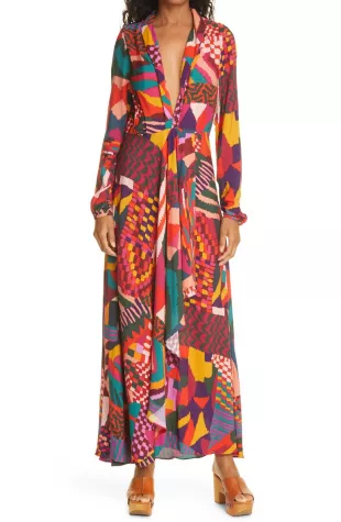 Abstract Patches Long Sleeve Dress