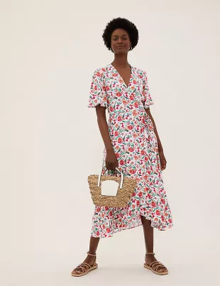 Floral V-Neck Tie Waist Midi Wrap Dress