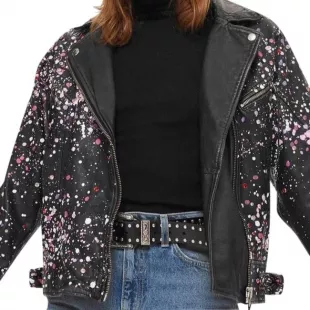 Black Paint Splatter Jeweled Moto Jacket