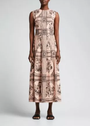 Medallion Floral-Print Poplin Midi Dress