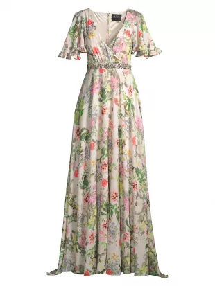 Ruffled Floral Chiffon Gown