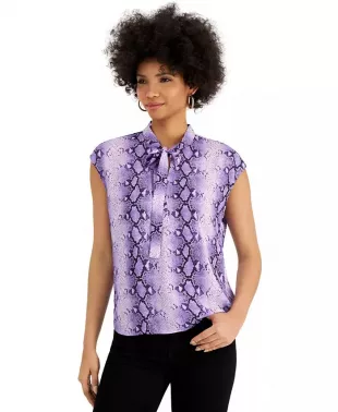 Snake-Print Tie-Neck Blouse