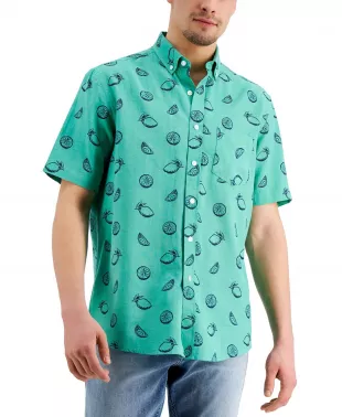 Club Room - Mens Shirt Medium Button-Front Lemon Sketch-Print Green M